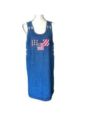 Sunshine Apparel Denim Jumper Dress Womens M Blue Patriotic Sleeveless Vintage
